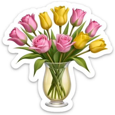 A mixed bouquet of pink roses and yellow tulips sticker