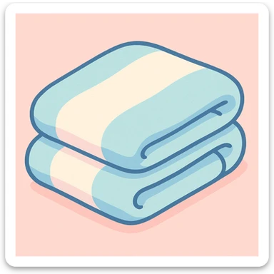 a soft pastel blue and white blanket, folded tidily, gentle and cute vibe, pastel illustration style sticker