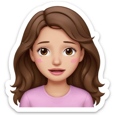 girl with wavy long brown hair, brown eyes, light to medium complexion, long lashes, light pink lipstick, wearing light pink shirt, smiling, crying big tears sticker