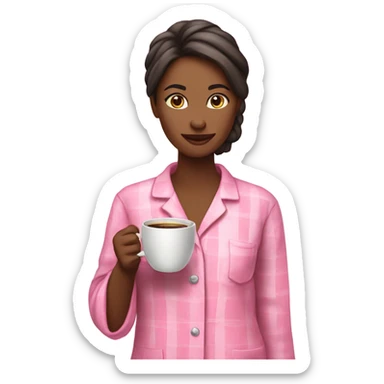 A woman who is in pink pajamas holding a cup of coffee￼ sticker