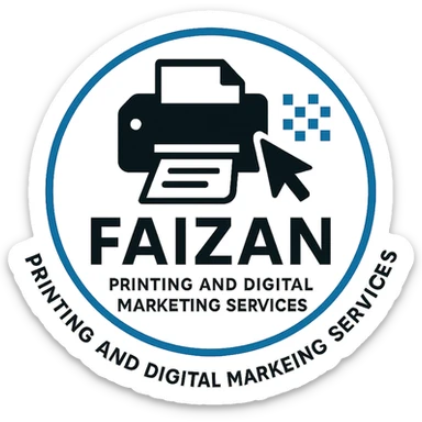 clean emblem style logo for 'Faizan Printing and Digital Marketing Services' featuring printer and paper icon, digital cursor and pixel grid representing digital marketing, blue black and white color scheme, bold clear company name, minimal digital motif encircling logo, modern professional adaptable for print and web sticker