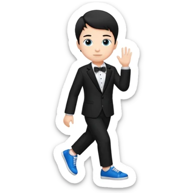 generate a pretty bratz fair skinned boy with short black hair wearing a black tux with blue sneakers sticker
