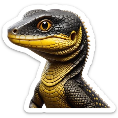 cinematic-realistic-cute-monitor-lizard-portrait-emoji,-head-tilted-playfully-and-inquisitively,-featuring-a-compact,-agile-body-with-finely-detailed,-glossy-scales-in-earthy-black and yellow-hues-and-a-distinct,-alert-face-with-bright,-curious-eyes, black , yellow spotted and green band  scales and a big long neck sticker