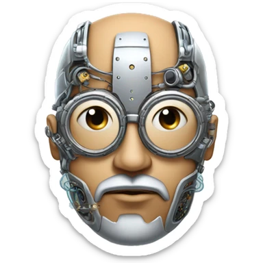 Tan bald male Latino cyborg head with grey beard, silver steampunk monocle goggles and circuits sticker