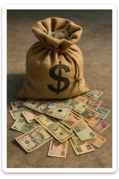 realistic illustration of a sack of money with currency spilling out onto the ground sticker