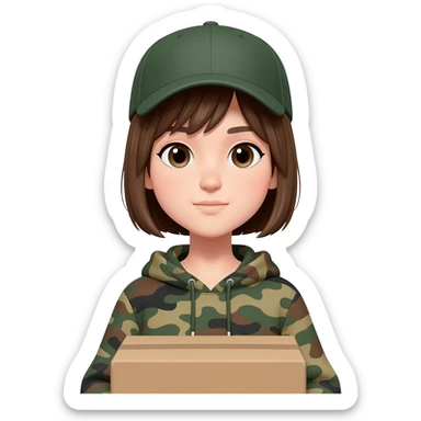 A girl with short hair wearing a baseball hat and a camo hoodie carrying a box sticker