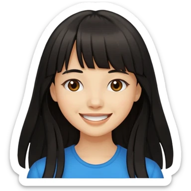 Pale brown girl with long black hair with bangs, happy sticker