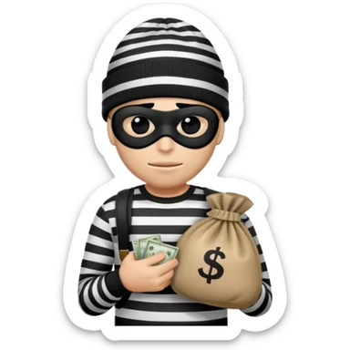 burglar with black and white striped shirt, black beanie, black mask over eyes, holding a moneybag sticker