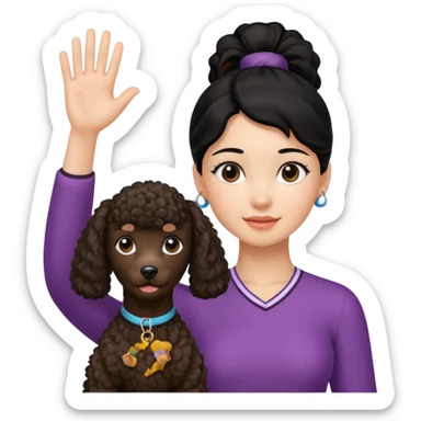 Ponytail black hair girl with brown Poodle say goodbye  sticker