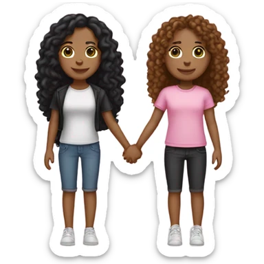 two best friends holding hands , both with tan skin. One long black straight her the other long curly hair. clothing pink for both  sticker