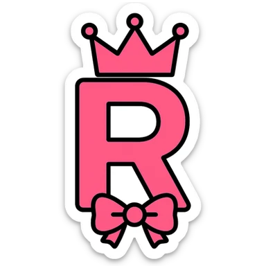 modern icon style pink letter R with a pink crown and a bow sticker