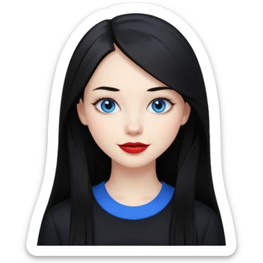 20 yr old woman long straight black hair, pale skin, blue eyes, red lipstick, black clothes, small smile sticker