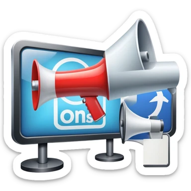 An icon featuring a megaphone, a billboard, and social media icons, symbolizing advertising and public relations. The design includes a press release and a rising graph, representing brand promotion and communication strategies. Transparent background highlights media influence and outreach. sticker