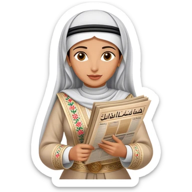 a khaleeji woman dressed in a traditional embroidered outfit, elegantly holding a historical Arabic newspaper. The newspaper headline announces the formation of the United Arab Emirates, adding a sense of cultural and historical significance.  sticker
