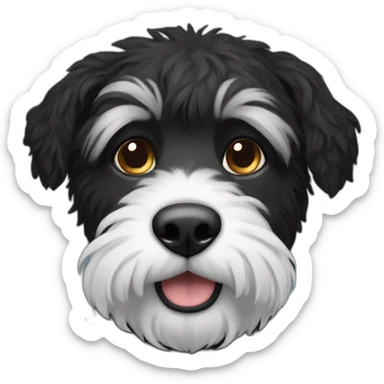 Black scruffy dog with white nose sticker