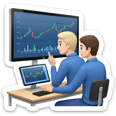 teaching somebody else in person, in the same place, watching the same monitor together, the trainee and trainer are in the similar age, two both are men, the monitor should be showing some data graphs  sticker