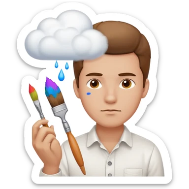 a man in a white buttoned shirt with a thinking cloud picturing a brush sticker