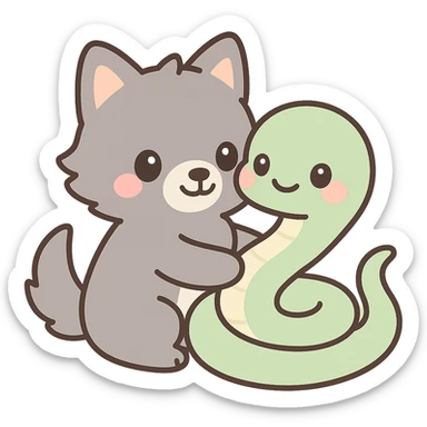 kawaii wolf hugging a kawaii snake, simple background, gentle colors, adorable style sticker