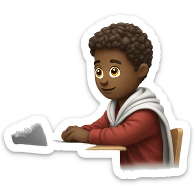 white boy sitting at a school desk with a big blanket wrapped around shoulders working on chromebook sticker