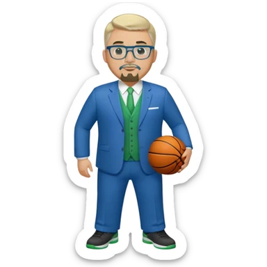 Full Body plus size white male basketball team manager with glasses blondish gray short hair with a goatee wearing blue and green suit sticker