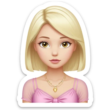 Girl with a platinum-blonde beauty with sleek, waist-length hair, flawless skin, fluttery lashes, and pouty lips-dressed in a sheer pink ruched top that ties in the center, glowing softly under the car lights with a dainty gold necklace completing her dreamy, doll-like look. sticker