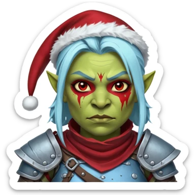 Fantasy Christmas orc legion soldier icon, iron tundra army theme, heavy winter armor, disciplined brutal look, dark icy steel armor with bold crimson cloth and markings, cold blue shadows, high contrast, clean emoji portrait style, female variant sticker