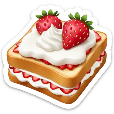 square toast topped with fluffy white cream, decorated with a strawberry bow made from two strawberry center, bright red and glossy sticker