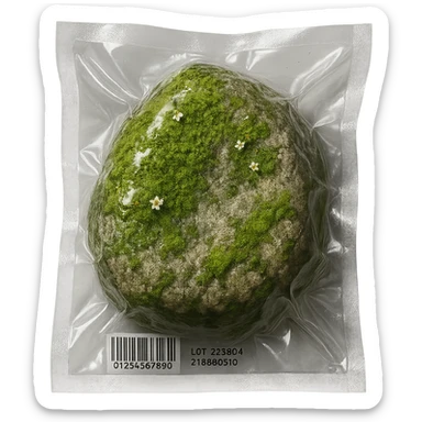 stone mostly covered in green moss with small flowers, glossy and puffy sticker