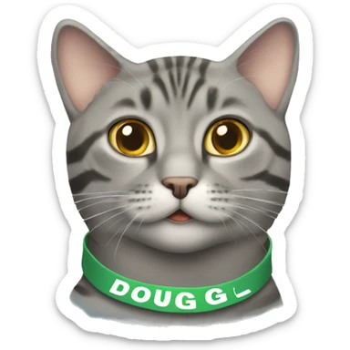 Grey tabby cat wearing a name tag that says Doug sticker