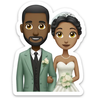 Black Wedding couple. Bride has black hair updo. She wears mermaid lace dress. She has dark brown eyes. Groom has sage green suit and sage green vest. He is bald head. He has full beard. He has dark brown eyes too. sticker