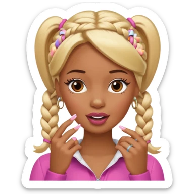 brown skin blonde barbie with two braids in front biting fingernail with long French tips  sticker