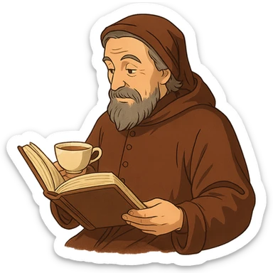 Chaucer reading a book and drinking tea, detailed, warm colors, ghibli style sticker