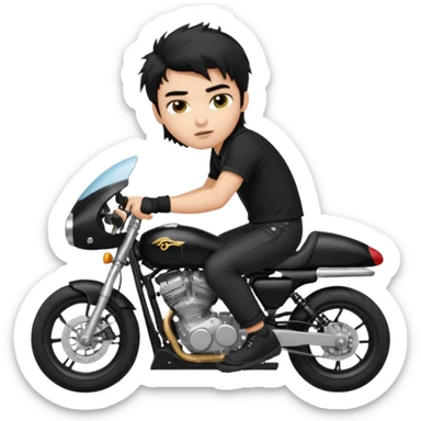 generate a pretty fair bratz boy with a messy mullet (black hair), wearing a BLACK polo.  on a superbike sticker
