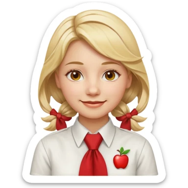 A Soviet pioneer girl emoji — smiling young girl wearing a white shirt and a bright red pioneer necktie tied in a loose triangle knot with wide ends (not a formal tie). No hat or headwear. Blonde hair, friendly face, flat minimal emoji style, Apple emoji aesthetic, clean outlines and soft shading. sticker