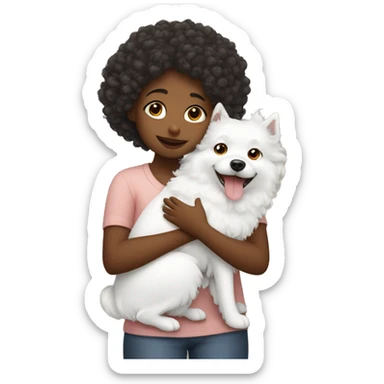 Curly girl hugging white spitz dog  sticker