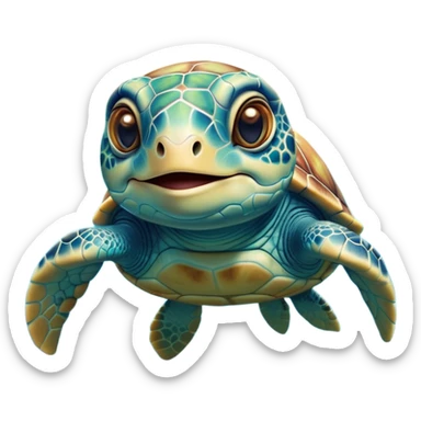 Cinematic Realistic Cute Sea Turtle Portrait Emoji, Head tilted playfully and inquisitively, featuring a compact, gentle form with a beautifully detailed shell adorned with natural patterns and a soft, expressive face with sparkling eyes, rendered with realistic textures and warm ambient light; high shine, affectionate and spirited, styled with a touch of marine whimsy, soft glowing outline, capturing the essence of a mischievous yet lovable sea turtle that seems ready to swim playfully into your arms! sticker