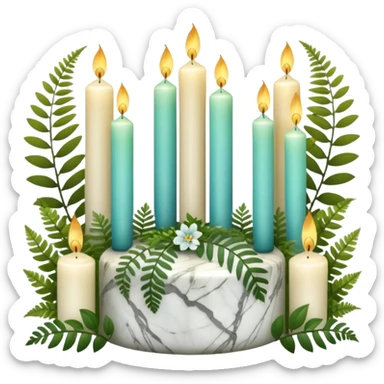 Aesthetic scenic beautiful gorgeous holy divine spiritual pretty elegant sparkly shiny scene of Candles, flowers, marble stone, lush vines, ferns, scenic aesthetic scenery sticker