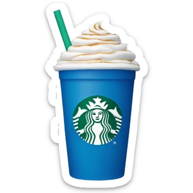 Blue and white Starbucks cup with foam at the top with a straw  sticker