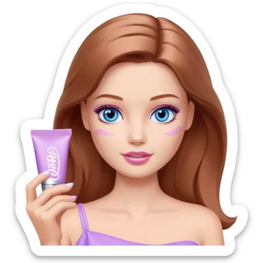 Barbie girl Chestnut Shoulder-length hair and blue eyes is In pale purple smears by hand cosmetic cream on her face sticker