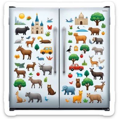 Icon for Magnet Collecting: a close-up of a fridge door covered with a variety of magnets, featuring cities, animals, symbols. The icon should highlight the diversity and charm of magnet collections. Transparent background. sticker