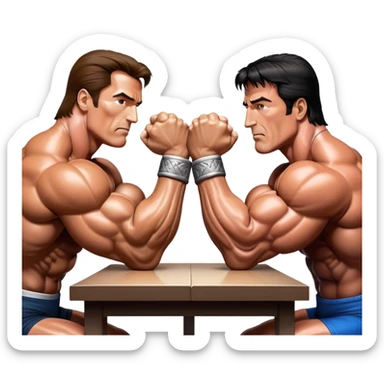 Arnold Schwarzenegger and Sylvester Stallone from 'Over the Top,' locked in an arm wrestling battle, using only their right hands. Their left hands rest on the table. Both display immense strength, with muscular arms flexing, under bright competition lights. Transparent background. sticker