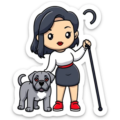 woman with long black hair and red lips next to a black Cane Corso dog with cropped ears and short tail sticker
