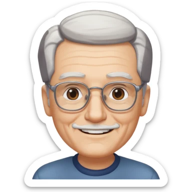 old guy, swept back white hair, blocky face, rectangle frame glasses, soul patch sticker