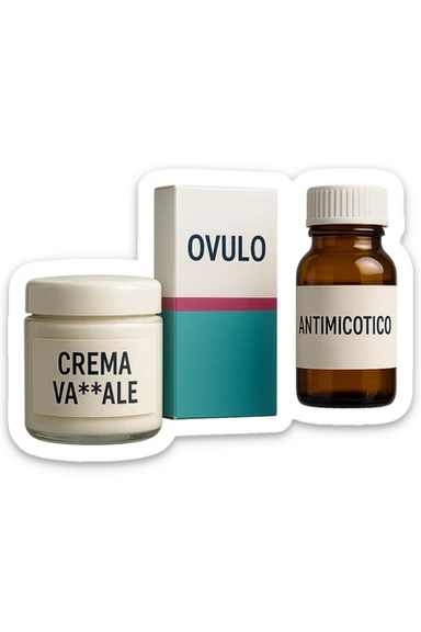 un barattolo di crema con la scritta "crema va**ale", una scatola con farmaco con la scritta "ovulo", un barattolo di farmaco con la scritta "antimicotico" in italiano sulle etichette, fluttuano in aria, IPERREALISTICO 4K sticker