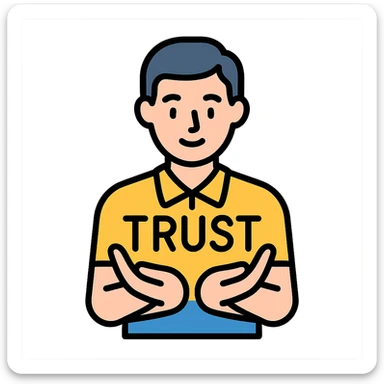 a man gently cradling the word 'trust' in his hands, clean, flat icon style sticker