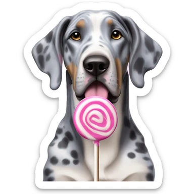 Blue Merle Great Dane holding pink lollipop sticker