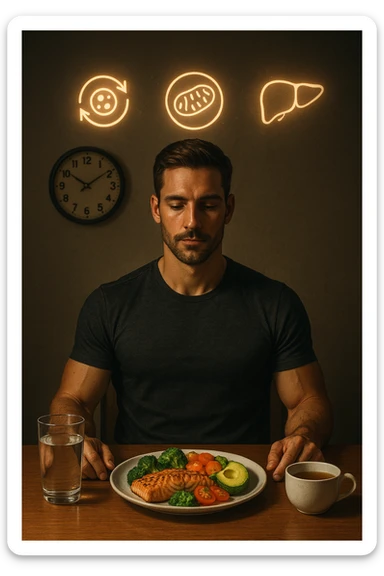A realistic, cinematic illustration of a healthy, fit man in his early 30s with a calm, disciplined expression, sitting at a clean wooden table in the evening with a single, balanced, nutrient-dense meal in front of him (grilled salmon, colorful vegetables, avocado). The rest of the day he drinks only water and herbal tea, visible in a glass and a simple cup on the side. A wall clock in the background shows 6:00 PM, emphasizing that this is his only meal of the day (OMAD). Subtle glowing icons above him display a regenerating cell, mitochondria, and a liver symbol, representing autophagy, longevity, and health benefits of OMAD. The lighting is warm, with cinematic shadows and natural tones, creating a sense of discipline, mental clarity, and health optimization. The man looks centered and content, showing that OMAD is a conscious choice for energy and regeneration, not restrizione. The scene is realistic with slight film grain for depth sticker