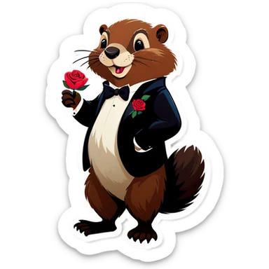 A beaver dressed in a tuxedo is holding a rose in its paws. sticker