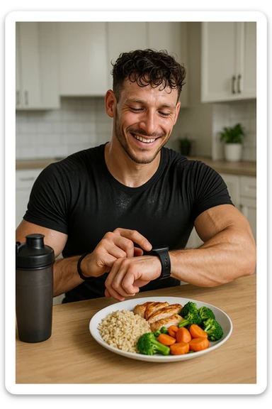 a fit man in his 30s, still in gym clothes and slightly sweaty, sits at a kitchen table right after a workout. In front of him is a balanced meal with a generous portion of rice, pasta, or potatoes, along with lean protein and vegetables. He checks his watch or a fitness app, smiling with satisfaction as he times his post-workout meal. The background is a bright, modern kitchen, with a shaker bottle and gym bag visible. sticker