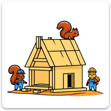 squirrel hut under construction with four workers sticker
